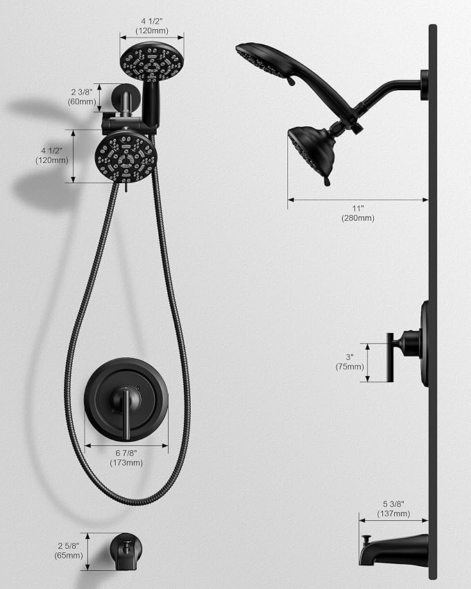 Shower Tub Faucet Head Set Black : WOWOW Black Shower Head and Handle Set with 7 Modes Handheld Shower Head with Hose and Tub Spout, Dual 2 In 1 Shower System Combo Single Handle (Brass Valve Include) - Image 7
