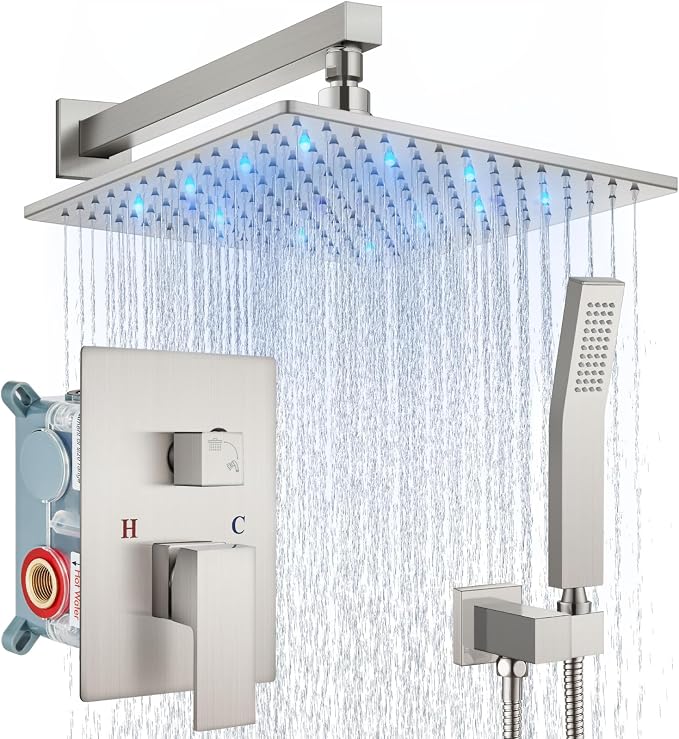 Aolemi Shower Faucet Set with Handheld Spray High Pressure Shower System Shower Faucets Sets Complete Rough-in Valve and Shower Trim Kit Wall Mount Rainfall 12 Inch LED Shower Head Brushed Nickel by Aolemi