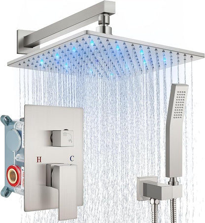 Aolemi Shower Faucet Set with Handheld Spray High Pressure Shower System Shower Faucets Sets Complete Rough-in Valve and Shower Trim Kit Wall Mount Rainfall 12 Inch LED Shower Head Brushed Nickel by Aolemi