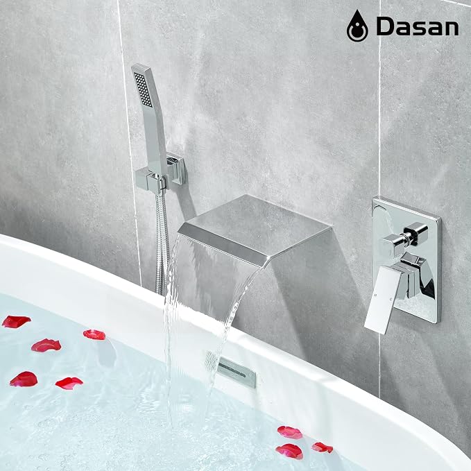 Upgraded Wall Mount Tub Filler Faucet with Handheld Shower, DASAN Modern Wall Mounted Bathtub Faucet Chrome High Flow Waterfall Tub Faucet with Rough in Valve, SA-TF04WH-PC - Image 4