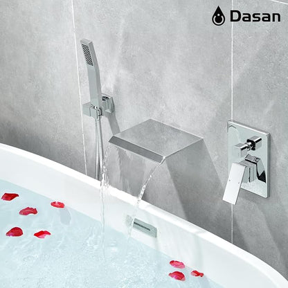 Upgraded Wall Mount Tub Filler Faucet with Handheld Shower, DASAN Modern Wall Mounted Bathtub Faucet Chrome High Flow Waterfall Tub Faucet with Rough in Valve, SA-TF04WH-PC - Image 4