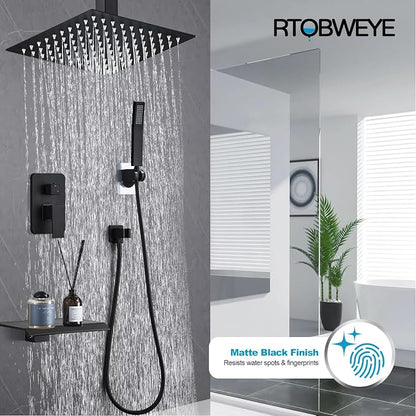 8 Inch Shower Faucet Set, Ceiling Mounted Rainfall Shower System with High Pressure Handheld Shower Head, Bathroom Mixer Shower Set Rough-in Valve and Trim Kit, Matte Black, with Tub Spout - Image 2