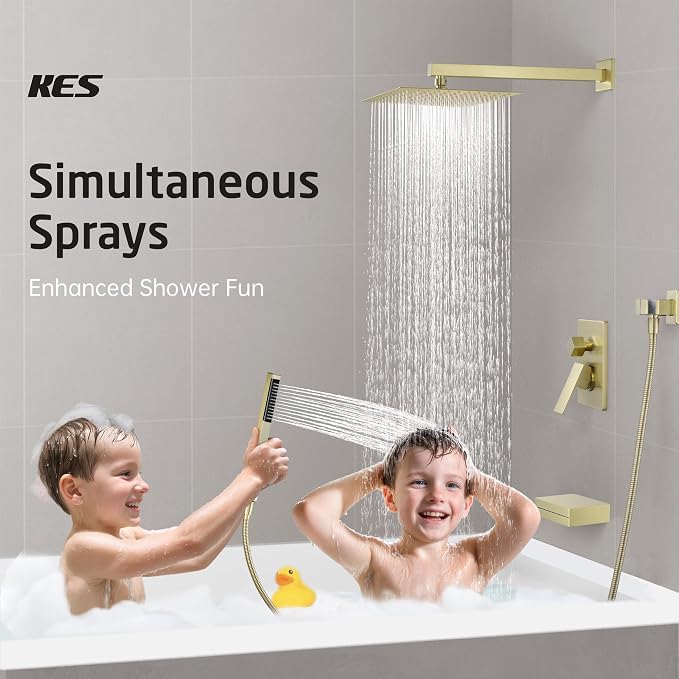 KES Brushed Gold Shower System with Tub Spout, Pressure Balanced Bath Tub Shower Faucet Set Complete with Valve, Shower System with Rain Shower Head with Handheld, XB6305F18-BZ - Image 2