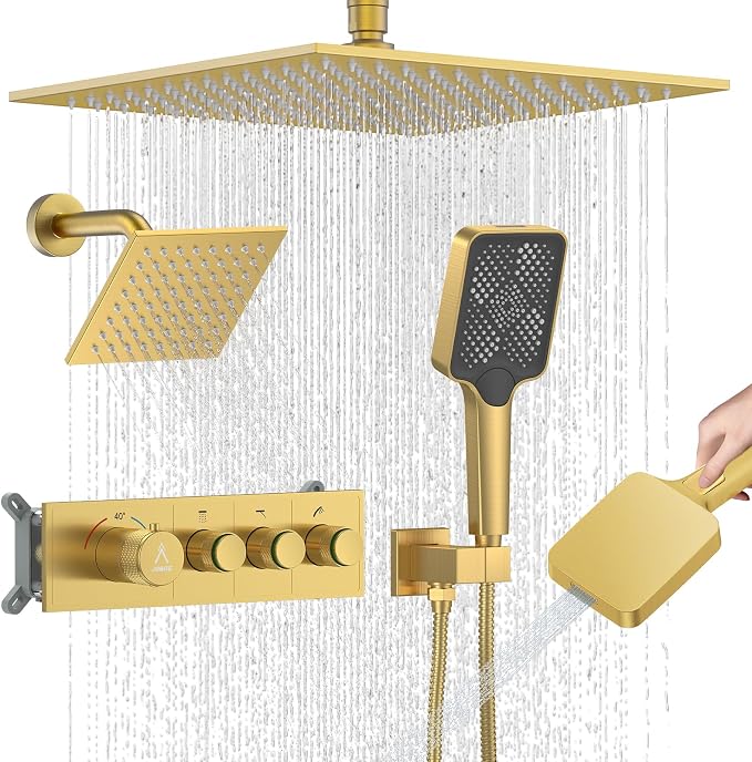 Shower System Modern Rain Brass Faucet Set With Valve and Diverter Shower Mixer With Handheld High Pressure Square Rainfall Shower Valve (12+6'' Wall Mount Thermostatic Valve, Brushed Gold) by JQBQS