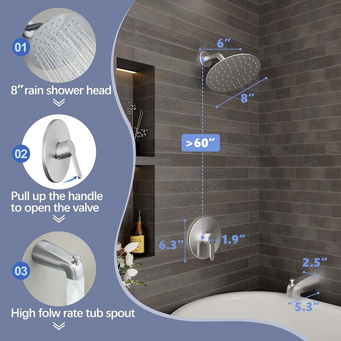 Tub Shower Faucet, Brushed Nickel Shower Faucet Set with 8-Inch All-Metal Rainfall Showerhead and Bathtub Spout, Single-Handle Tub Shower-Trim Kit Included Valve, Brushed Nickel - Image 3