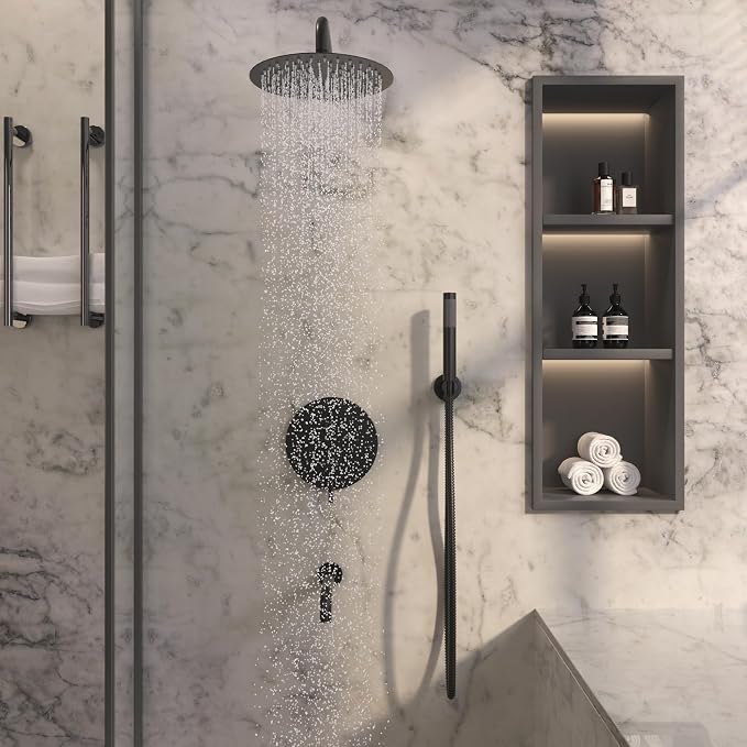 MONDAWE Round Shower Faucet Set with Tub Spout, Wall Mounted Shower System 10 Inch Rainfall Shower Head with Handheld Combo, Matte Black High Pressure Shower Faucets Sets Complete - Image 2