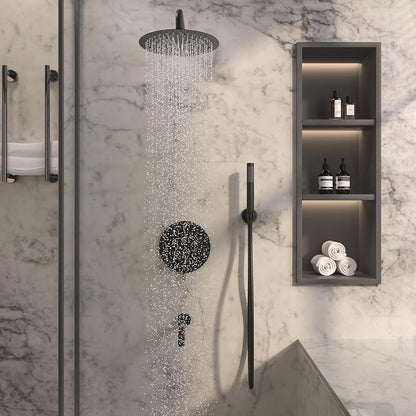 MONDAWE Round Shower Faucet Set with Tub Spout, Wall Mounted Shower System 10 Inch Rainfall Shower Head with Handheld Combo, Matte Black High Pressure Shower Faucets Sets Complete - Image 2