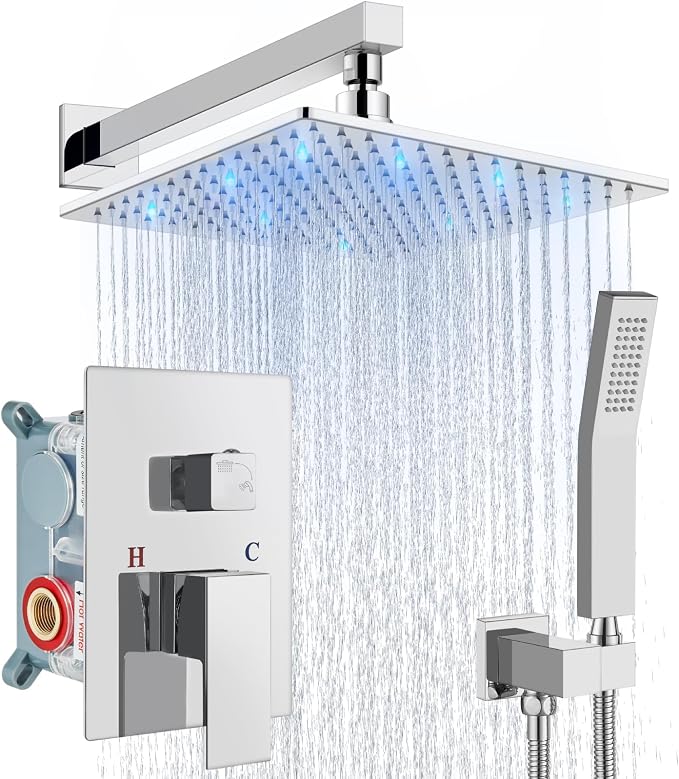 Aolemi Shower Faucet Set with Handheld Spray High Pressure Shower System Shower Faucets Sets Complete Rough-in Valve and Shower Trim Kit Wall Mount Rainfall 10 Inch LED Shower Head Polish Chrome by Aolemi