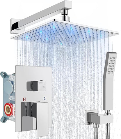 Aolemi Shower Faucet Set with Handheld Spray High Pressure Shower System Shower Faucets Sets Complete Rough-in Valve and Shower Trim Kit Wall Mount Rainfall 10 Inch LED Shower Head Polish Chrome by Aolemi