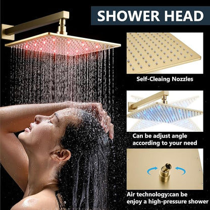Aolemi Shower Faucet Set with Handheld Spray High Pressure Shower System Shower Faucets Sets Complete Rough-in Valve and Shower Trim Kit Wall Mount Rainfall 12 Inch LED Shower Head Brushed Gold - Image 3