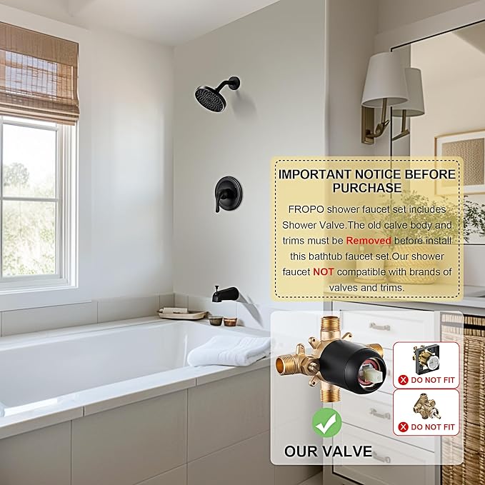 Tub Shower Faucet Set With Valve - 6 Inch Black Shower Head and Handle Set, High Pressure Bathtub Faucet With Rain Shower Head and Tub Spout Single-Spray, Matte Black - Image 2