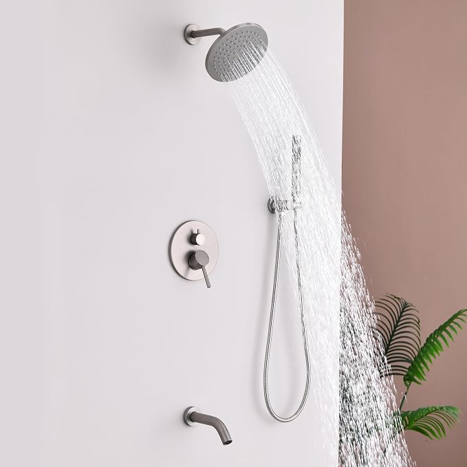 Shower System with Tub Spout, Bathtub Shower Faucet Set, 8" Rain Shower Head and Handheld Spray Combo, Round Shower Head and Handle Set with Tub Spout (Valve Included), Brushed Nickel - Image 2