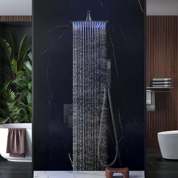 Aolemi Shower Faucet Set with Handheld Spray High Pressure Shower System Shower Faucets Sets Complete Rough-in Valve and Shower Trim Kit Wall Mount Rainfall 10 Inch LED Shower Head Matte Black - Image 8