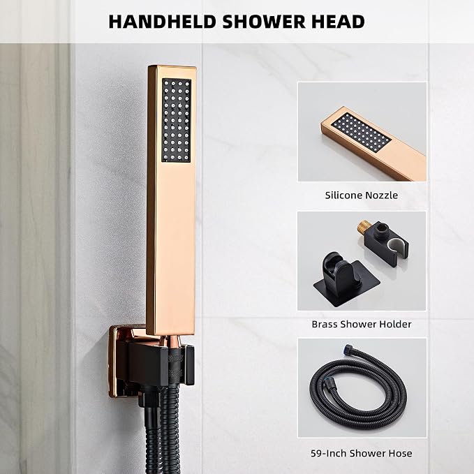 Rainfall Shower Faucet Set with Tub Spout 8 Inch, Shower Head and Handle with 2 Hooks, Rain Shower and Handheld Shower System Square Wall Mount for Bathroom - Image 6