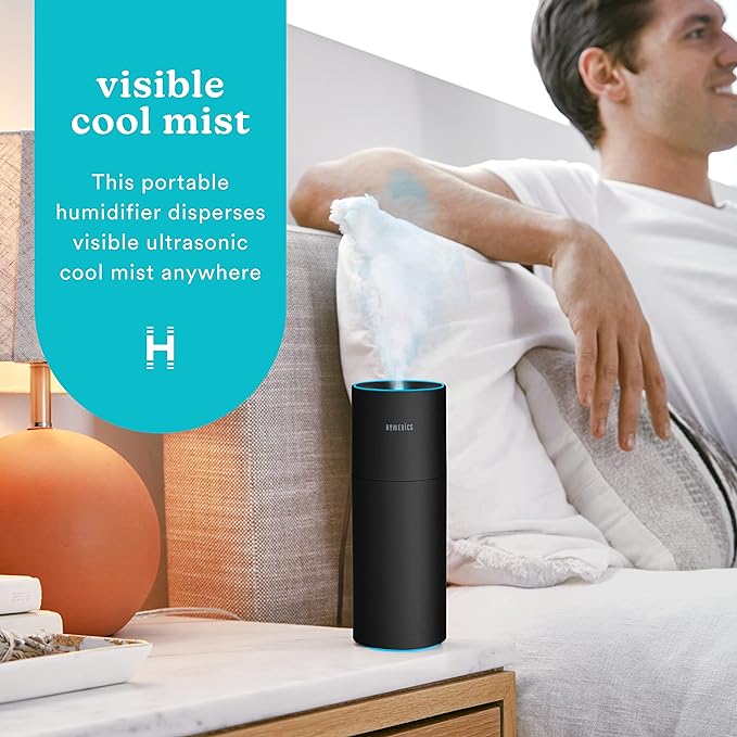 Homedics Portable Humidifier - Small Air Humidifiers for Bedroom, Plants, Office, Travel - Cool Mist Humidifiers, Color-Changing Accent Light, 2 Mist Settings, Black - Image 2