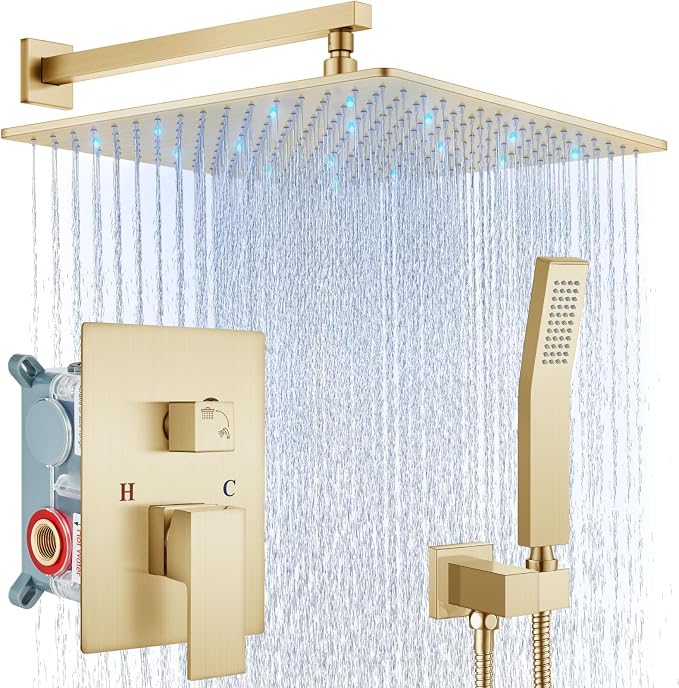 Aolemi Shower Faucet Set with Handheld Spray High Pressure Shower System Shower Faucets Sets Complete Rough-in Valve and Shower Trim Kit Wall Mount Rainfall 16 Inch LED Shower Head Brushed Gold by Aolemi