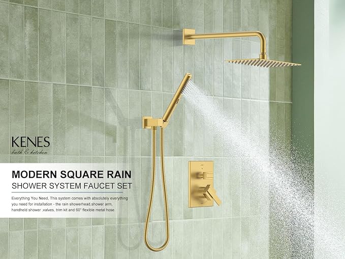 KENES Brushed Gold Rainfall Bathroom Shower System Rain Shower Head and Handle Set, Shower Faucet Set with 10-Inch Rain Showerhead and Handheld Spray, (Shower Valve Included), LJ-6026A-4 - Image 2