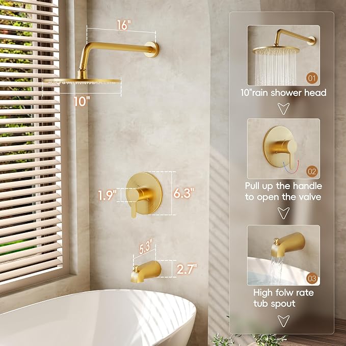 Tub Shower Faucet Set, Tub and Shower Trim Kit with 10 Inch High-Pressure Rian Shower Head,Shower Head and Handle Set, Brushed Gold - Image 9