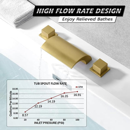 SUMERAIN Bathroom Roman Tub Faucet with Waterfall Spout, 3 Hole Deck Mount Bath Tub Filler Brushed Gold - Image 3