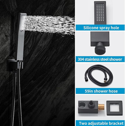 Matte Black Shower Faucet Set with Tub Spout 10 Inch, Shower Head and Handle with 2 Hooks, Tub and Shower Faucet Combo, Rain Shower and Handheld Shower System Square Wall Mount for Bathroom - Image 3