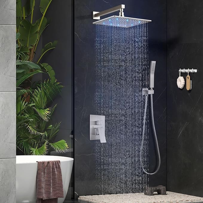 Aolemi Shower Faucet Set with Handheld Spray High Pressure Shower System Shower Faucets Sets Complete Rough-in Valve and Shower Trim Kit Wall Mount Rainfall 10 Inch LED Shower Head Brushed Nickel - Image 4
