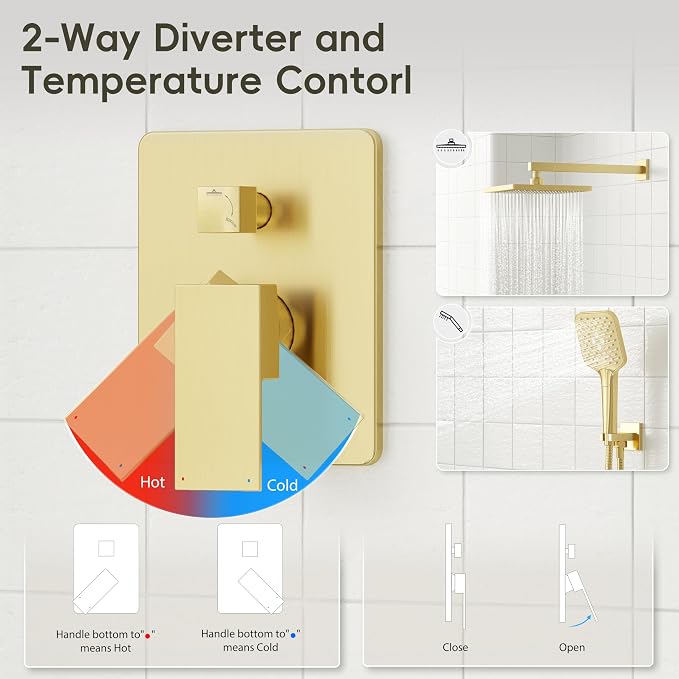 Gabrylly Shower System Gold, Wall Mounted Shower Faucet Set for Bathroom with High Pressure 10" Rain Shower head and 3-Setting Handheld Shower Head Set, 2 Way Shower Valve Kit, Brushed Gold - Image 6