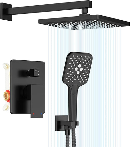 Gabrylly Shower System, 10 Inches Rain Shower Heads with Handheld Spray Combo, Wall Mounted Shower Faucets Sets Complete with Shower Valve Kit, Shower Head and Handle Set, Matte Black by GABRYLLY