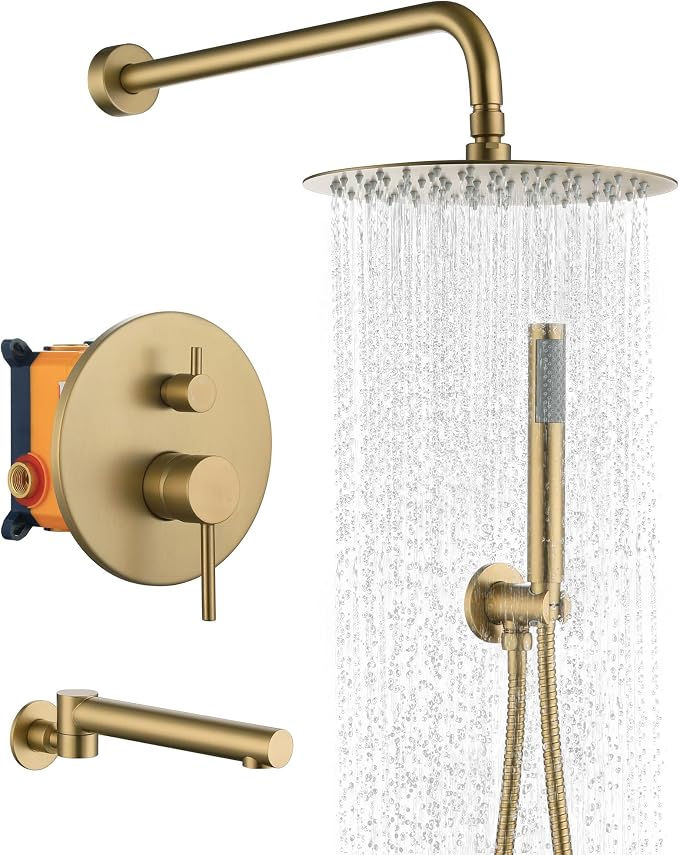 MONDAWE Round Shower Faucets Sets Complete with Tub Spout, Wall Mounted Shower System 10 Inch Rainfall Shower Head with Handheld Combo, Brushed Gold High Pressure Shower Faucet Set by MONDAWE