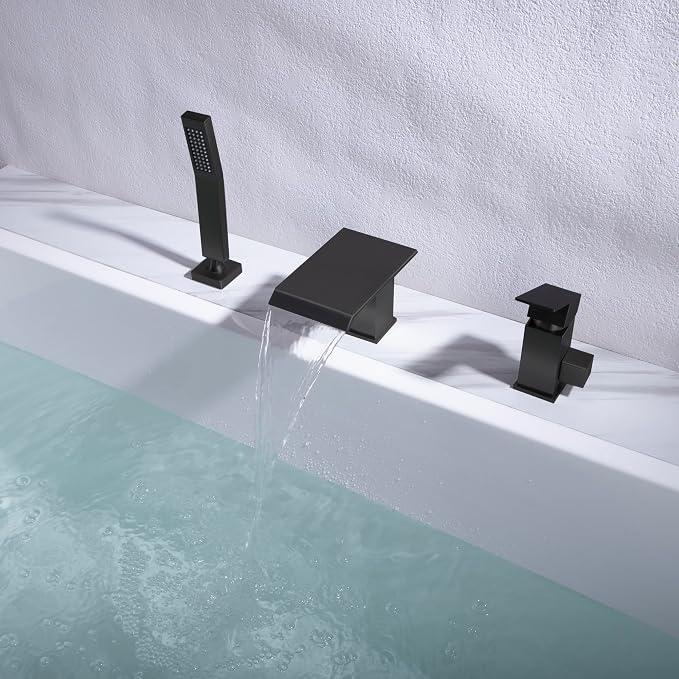 Waterfall Roman Tub Faucet with Hand Shower Matte Black 3 Hole Bathtub Faucet with Sprayer Deck Mount Bath Tub Filler Set - Image 3