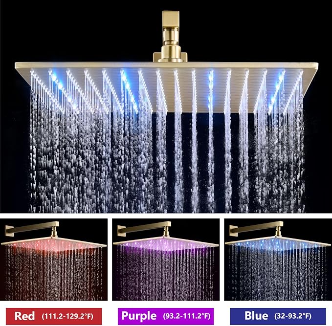 Aolemi Shower Faucet Set with Handheld Spray High Pressure Shower System Shower Faucets Sets Complete Rough-in Valve and Shower Trim Kit Wall Mount Rainfall 16 Inch LED Shower Head Brushed Gold - Image 2