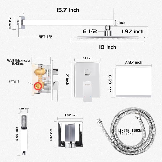 Wall Mounted Shower Faucet Set, Shower System with Tub Spout, 10 Inch Rainfall Shower Head with Handheld Spray, Waterfall Tub Spout Bathtub Faucet, Chrome - Image 6