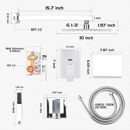 Wall Mounted Shower Faucet Set, Shower System with Tub Spout, 10 Inch Rainfall Shower Head with Handheld Spray, Waterfall Tub Spout Bathtub Faucet, Chrome - Image 6