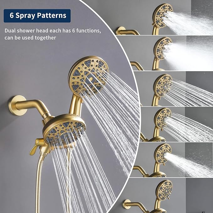Tub and Shower Faucet Set Complete Dual Shower Head and Handheld 2 in 1 Combo Set Shower System with Tub Spout Tub and Shower Trim Kit Brushed Gold - Image 6
