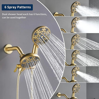 Tub and Shower Faucet Set Complete Dual Shower Head and Handheld 2 in 1 Combo Set Shower System with Tub Spout Tub and Shower Trim Kit Brushed Gold - Image 6