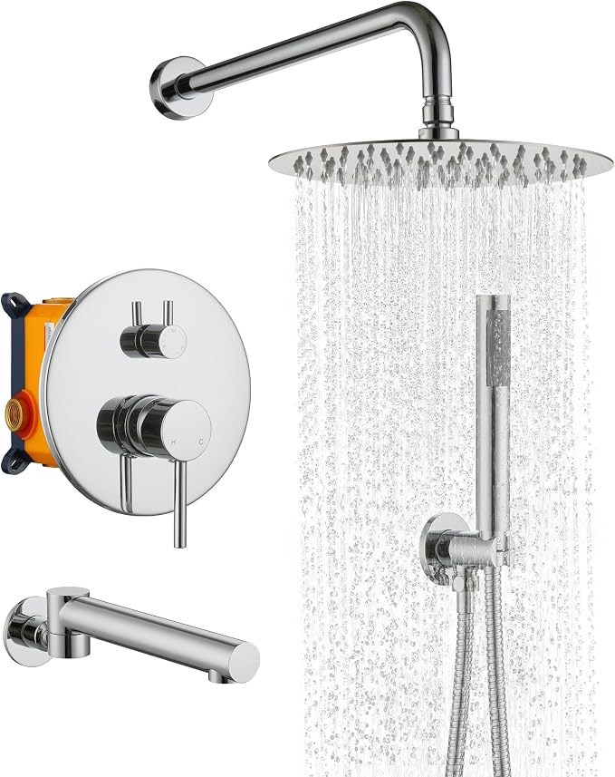 MONDAWE Round Shower Faucets Sets Complete with Tub Spout, Wall Mounted Shower System 10 Inch Rainfall Shower Head with Handheld Combo, Chrome High Pressure Shower Faucet Set by MONDAWE