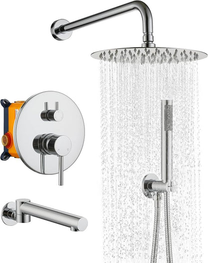 MONDAWE Round Shower Faucets Sets Complete with Tub Spout, Wall Mounted Shower System 10 Inch Rainfall Shower Head with Handheld Combo, Chrome High Pressure Shower Faucet Set by MONDAWE