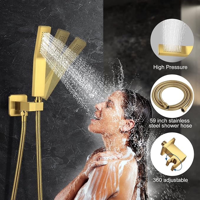 JOMEOO® 12 Inch Brushed Gold Shower Head with Tub Spout, 3 Function Wall Mounted Bathtub Shower Faucet Set, Bathroom High Pressure Rain Shower Head with Handheld Sprayer Rough in Valve Body and Trim - Image 4