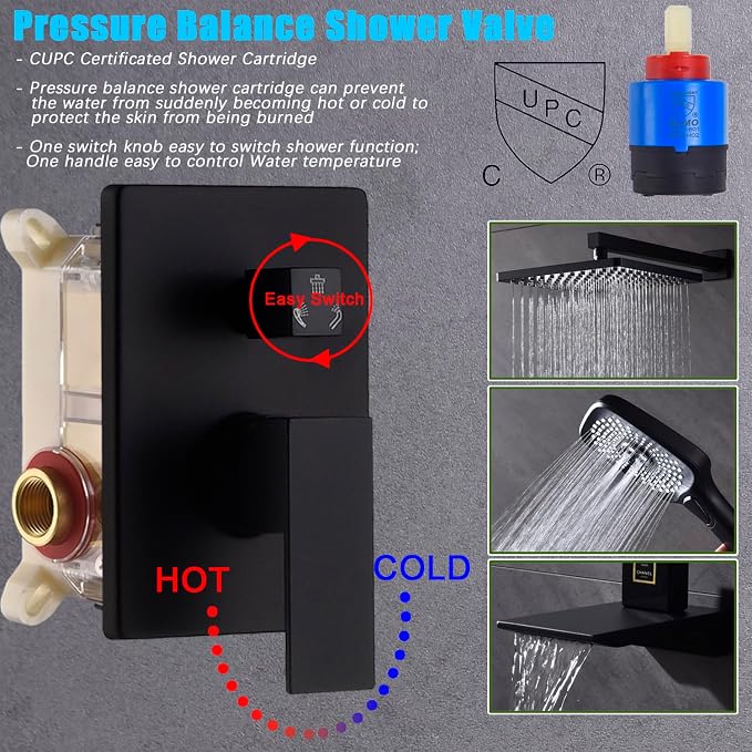 Shower System with Tub Spout 10 Inch Overhead Shower 4 Setting Handheld Spray Rough In Pressure Balance Valve Body with Trim Kit Wall Mounted Rainfall Bathtub Shower Faucet Set (Matte Black) - Image 3
