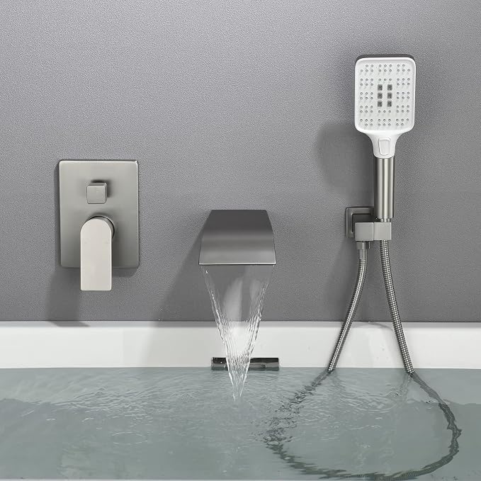 Tub Filler Faucet with Hand Shower Bath Tub Faucets with Rough-in Valve Trim Kit Wall Mounted Waterfall Bathtub Faucets Brushed Nickel - Image 2