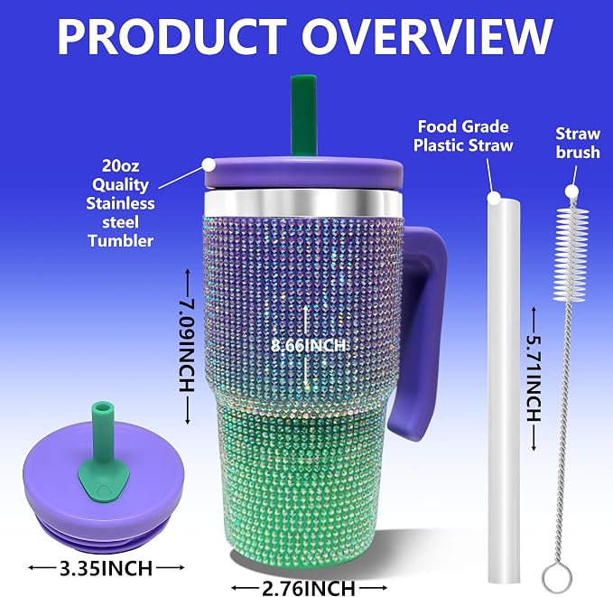 20-OZ Insulated Water Bottle,Insulated Stainless Steel Tumbler,Reusable Cold Drink Thermos,BPA-Free, Double-Wall Stainless Steel Water Bottle (Purple Green Gradient-Diamond, 20, Fluid Ounces) - Image 2