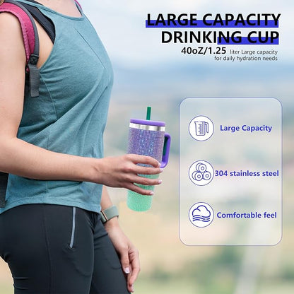 40-OZ Insulated Water Bottle,Insulated Stainless Steel Tumbler,Reusable Cold Drink Thermos,BPA-Free, Double-Wall Stainless Steel Water Bottle (Purple Green Gradient-Diamond, 40, Fluid Ounces) - Image 4