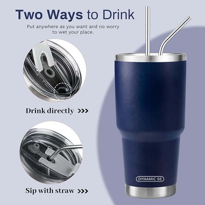 D·S 30 oz Navy Tumbler Stainless Steel Double Wall Vacuum Insulated Mug with Straw and Lid, Cleaning Brush for Cold and Hot Beverages - Image 3