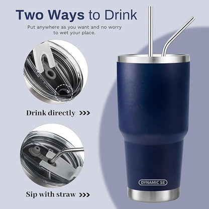 D·S 30 oz Navy Tumbler Stainless Steel Double Wall Vacuum Insulated Mug with Straw and Lid, Cleaning Brush for Cold and Hot Beverages - Image 3