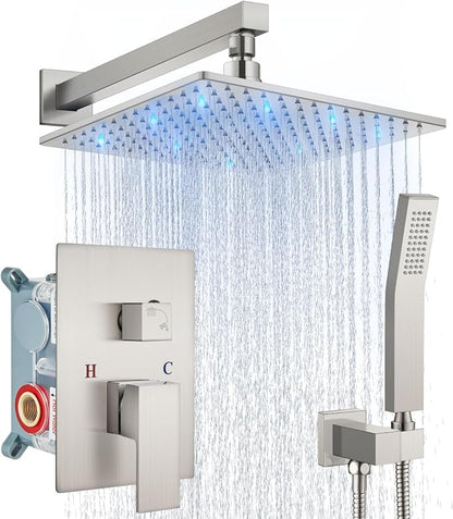 Aolemi Shower Faucet Set with Handheld Spray High Pressure Shower System Shower Faucets Sets Complete Rough-in Valve and Shower Trim Kit Wall Mount Rainfall 10 Inch LED Shower Head Brushed Nickel by Aolemi