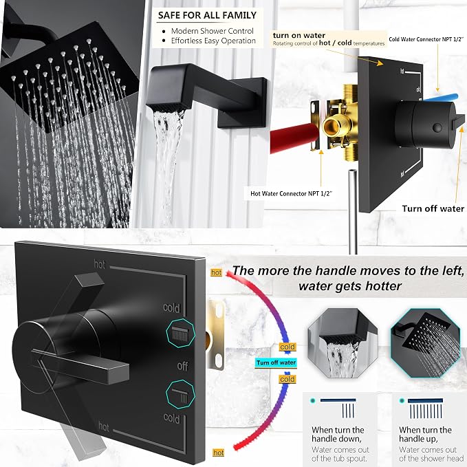 SOOOHOT Shower Fixtures, Black Shower Faucet Set with 6 Inch Matte Black Shower Head and Tub Spout, Black Shower Head and Handle Set (Valve Included) - Image 8