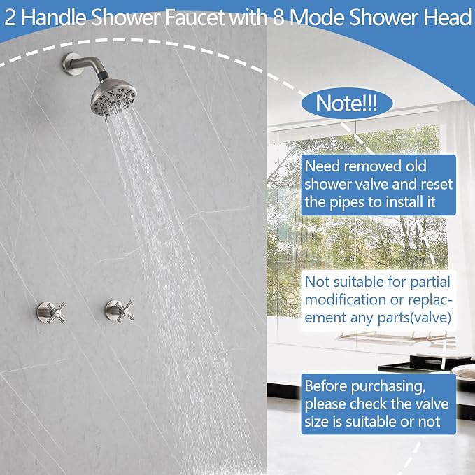 2 Handle Shower Faucet,Wall Mounted Two Handles Shower Faucet Set with 8 Modes Rainfall Shower Head,2 Knobs Single Function Shower Trim Kit with Rough-in Valve,Brushed Nickel - Image 3