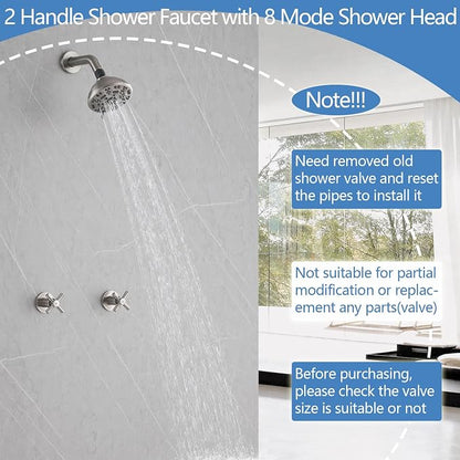 2 Handle Shower Faucet,Wall Mounted Two Handles Shower Faucet Set with 8 Modes Rainfall Shower Head,2 Knobs Single Function Shower Trim Kit with Rough-in Valve,Brushed Nickel - Image 3