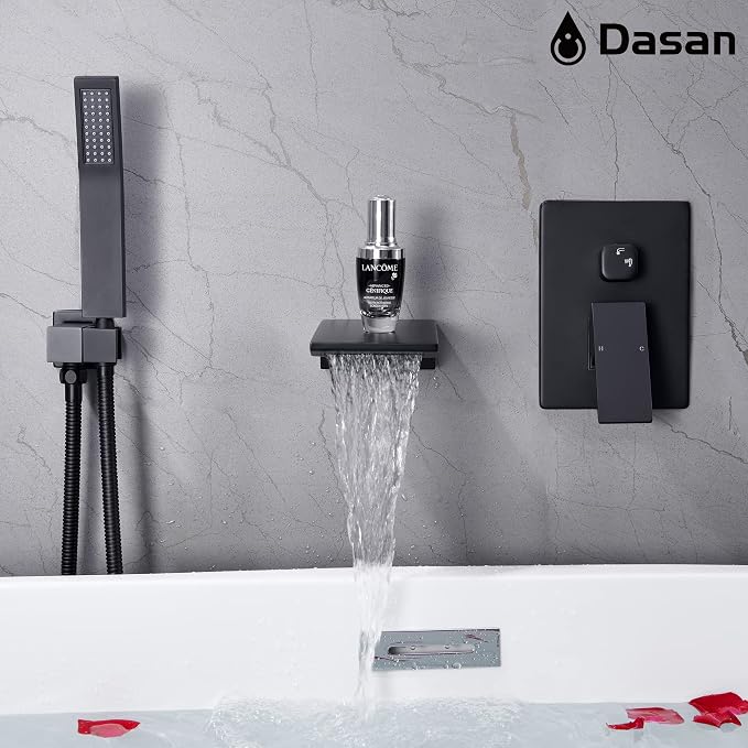 DASAN Waterfall Tub Filler Faucet Wall Mount with Hand Shower, Modern Wall Mounted Bathtub Faucet Matte Black Tub Faucet with High Flow Rough in Valve, SA-TF01WH-MB - Image 7