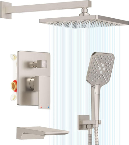 Gabrylly Shower System with Tub Spout, Wall Mounted Tub Shower Faucet Set for Bathroom with High Pressure 10" Rain Shower head and 3-Setting Handheld Shower Head Set,Brushed Nickel by GABRYLLY