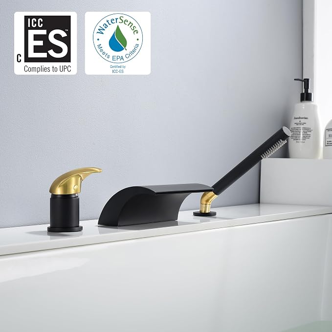 SUMERAIN Waterfall Roman Tub Faucet Deck Mount Bathtub Faucet Brass Tub Filler with Hand Shower, Black and Gold Finish - Image 2